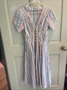 Miss CandyFloss Pastel Multistripe Midi Dress with Button Front